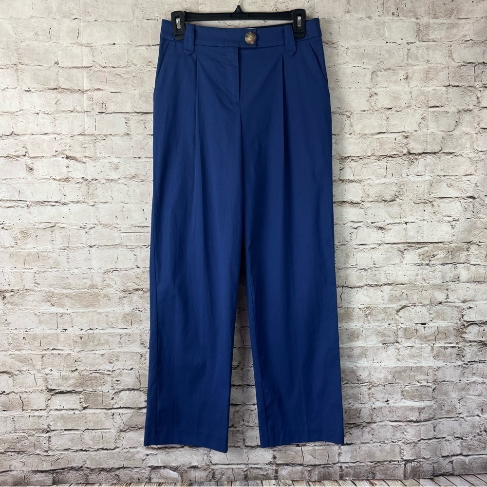 Sezane Women's Size FR 34 Blue Straight Leg Pants Tortoiseshell Button Viscose